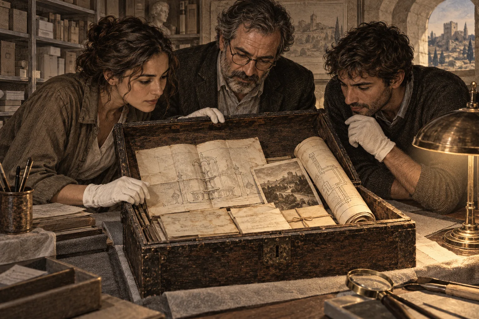 Un cofre contiene planos, fotografias y documentos, sin monedas.