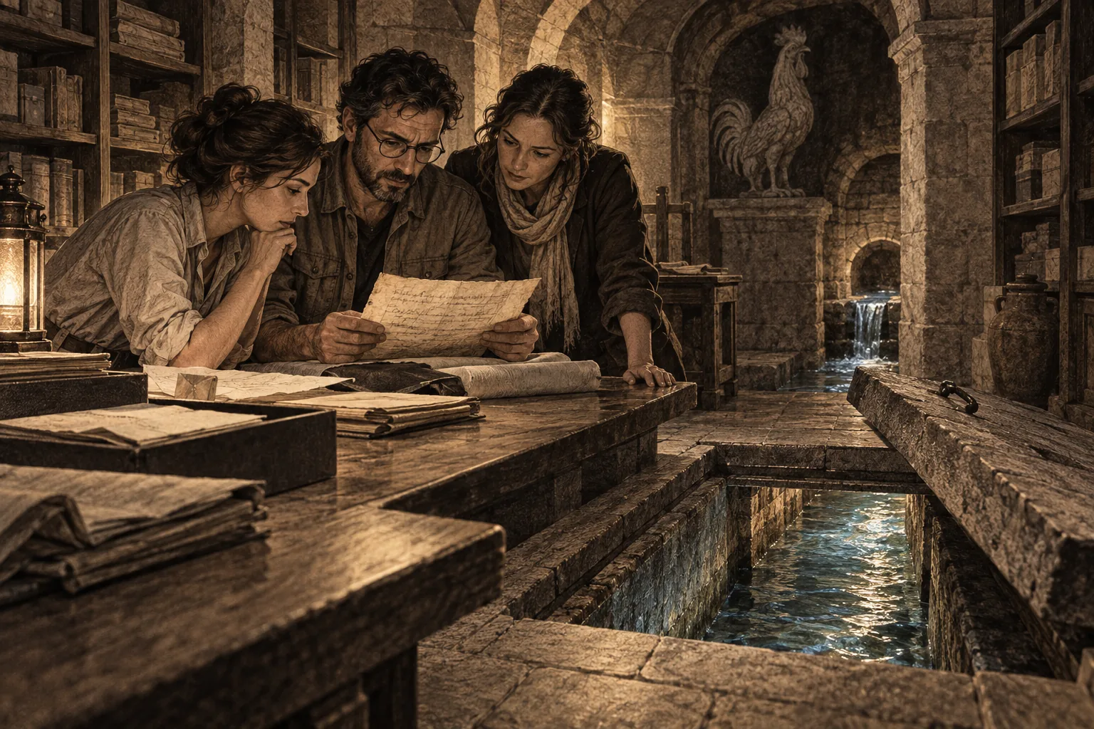 Investigadores leen una carta antigua junto a un canal de agua.