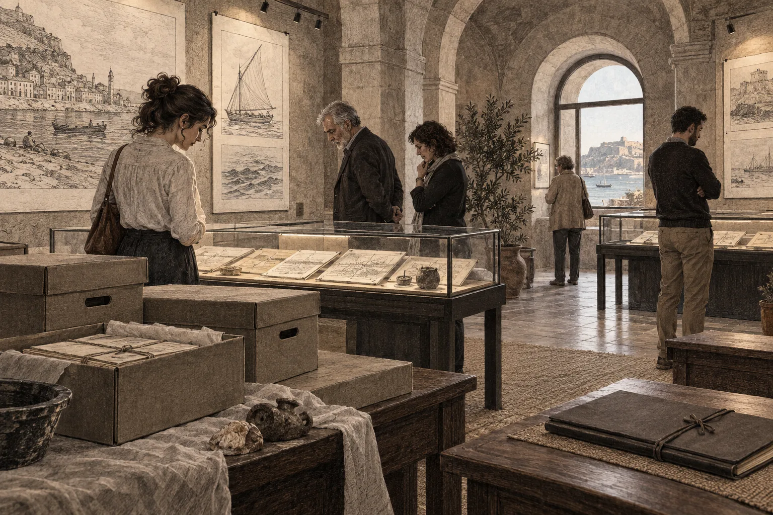 Preparacion de una exposicion documental en una sala de archivo.