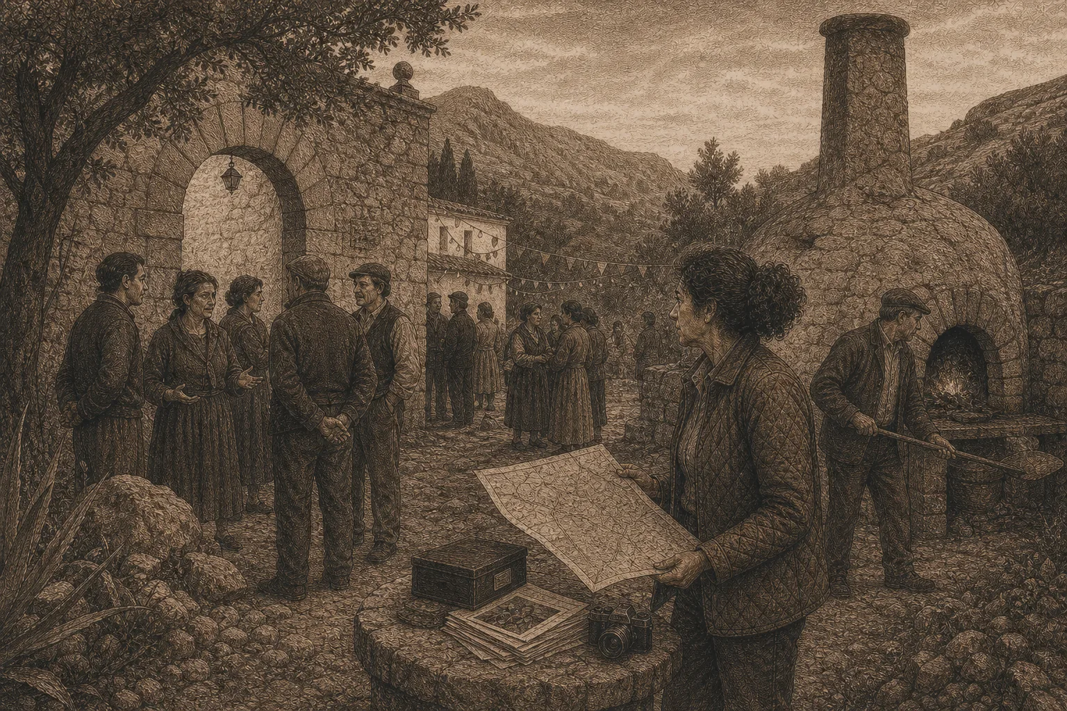Vecinos observan documentos y piezas en un espacio historico.
