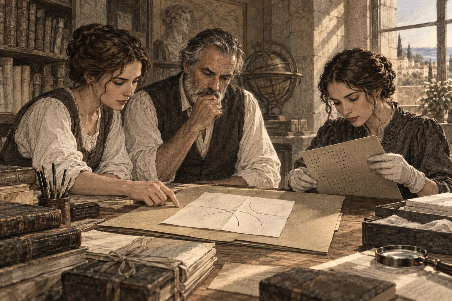 Isabel, Don Vicente y Maria estudian una carpeta sin numero en una mesa de archivo.